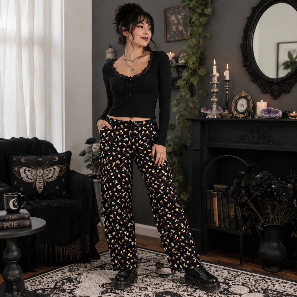 Ann Taylor Womens Floral Straight Leg Pants Sz M Black Career Cottage Whimsigoth